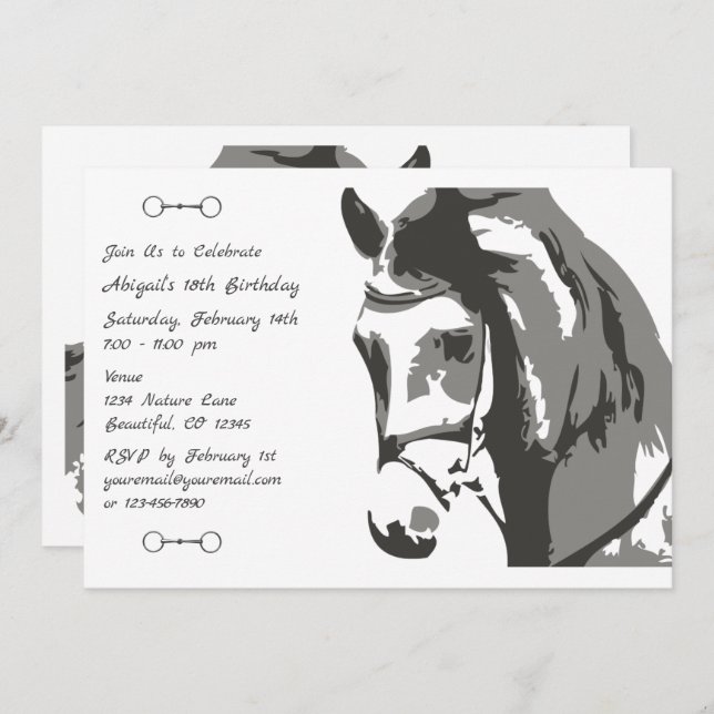 Horse Sketch and Snaffle Bit, Grey Birthday Invitation (Front/Back)