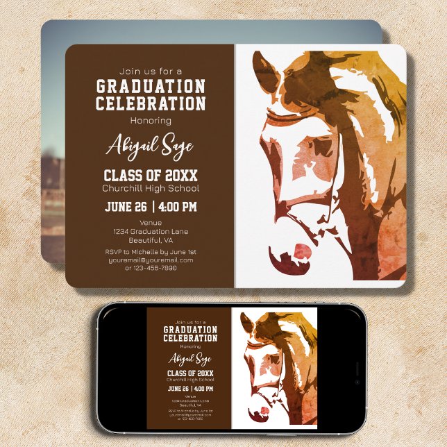 Horse Sketch Modern Brown White Photo Graduation Invitation (Creator Uploaded)