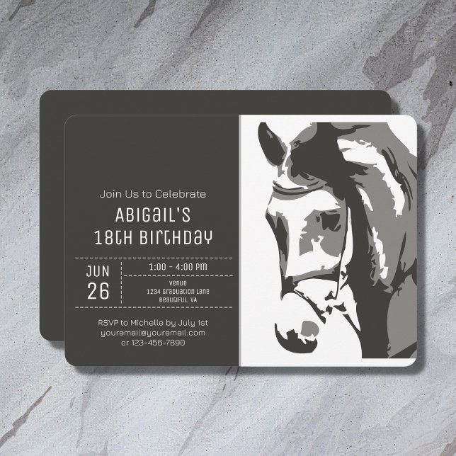 Horse Sketch Modern Grey and White Birthday Invitation (Creator Uploaded)