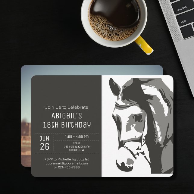 Horse Sketch Modern Grey White Photo Birthday Invitation (Creator Uploaded)