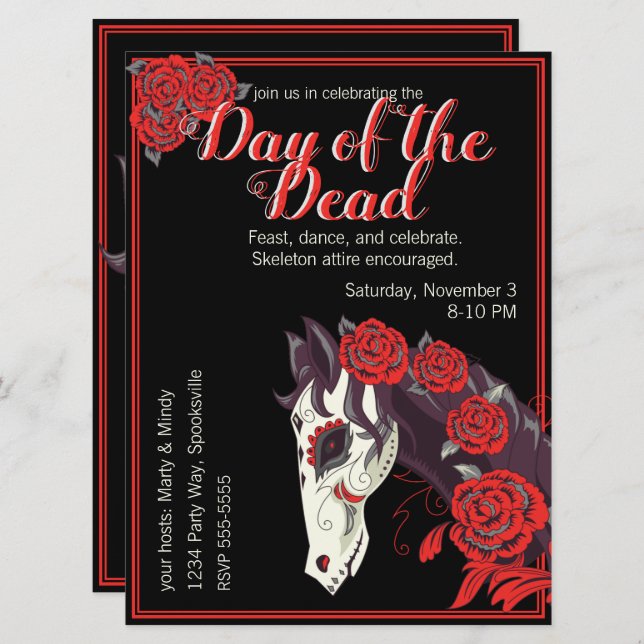 Horse Skull with Red Roses Dias de los Muertos Invitation (Front/Back)