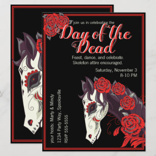 Horse Skull with Red Roses Dias de los Muertos Invitation