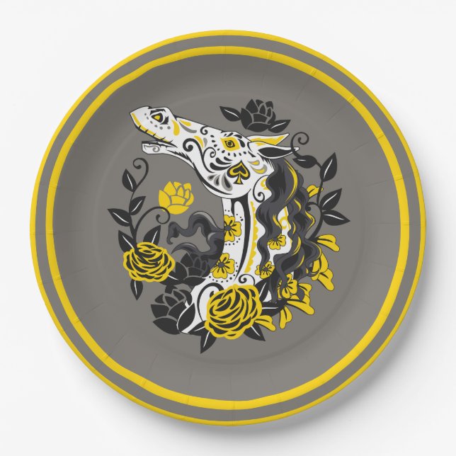 Horse Skull with Yellow Roses Dia de los Muertos Paper Plate (Front)