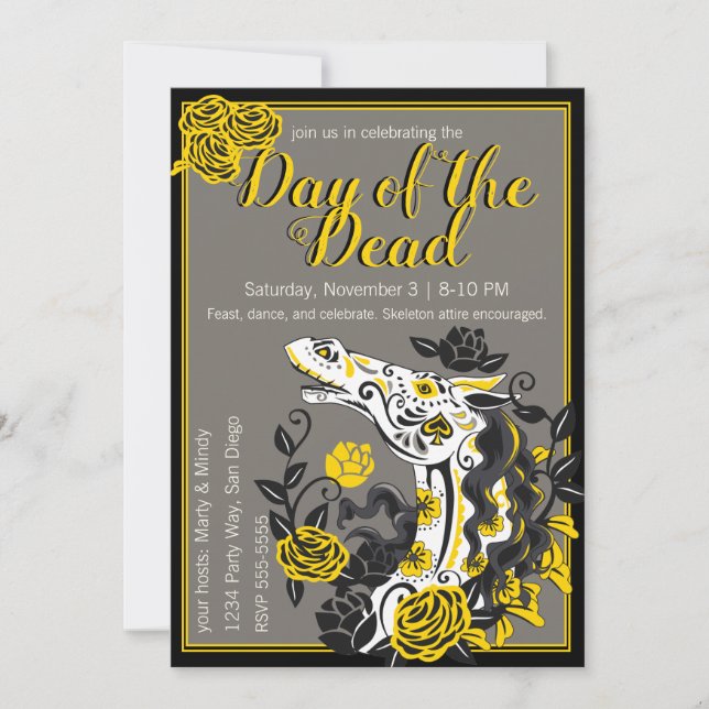 Horse Skull with Yellow Roses Dias de los Muertos Invitation (Front)