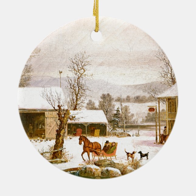 Horse & Sleigh Ride Farmhouse Barn Snow Ornament (Back)