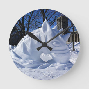 Horse Snow Sculpture, Quebec, Canada Round Clock