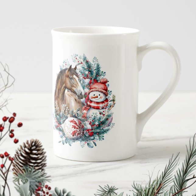 Horse snowman Christmas watercolor elegant Bone China Mug (Horse and snowman Christmas mug)