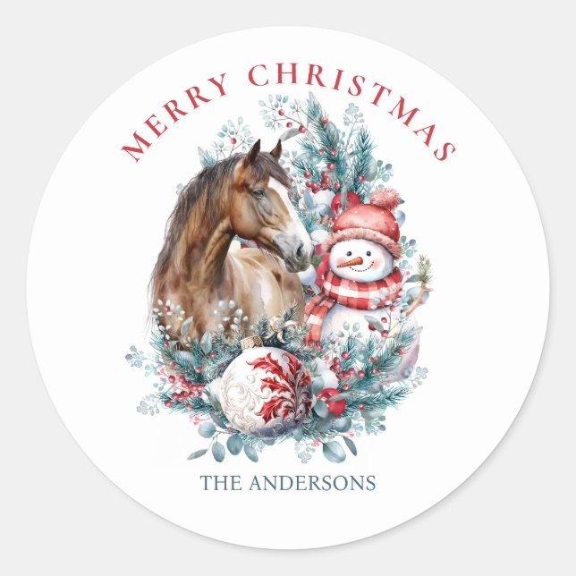 Horse snowman Christmas watercolor elegant Classic Round Sticker (Front)