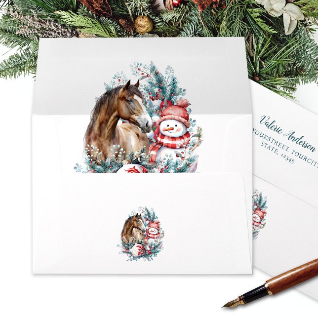 Horse snowman Christmas watercolor elegant Envelope (Horse Christmas envelope with snowman.)