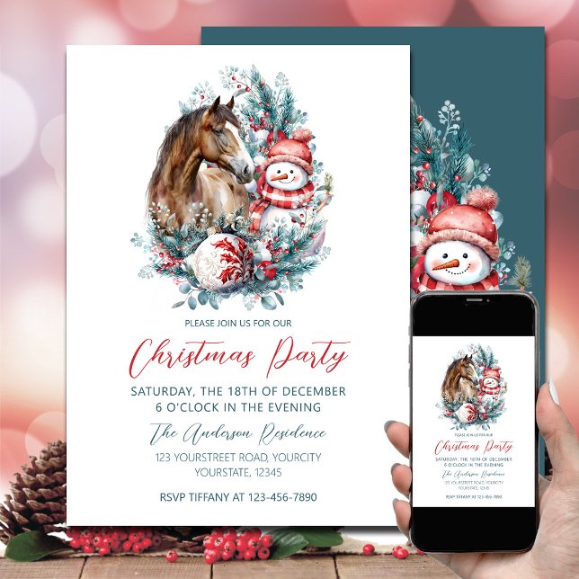 Horse snowman Christmas watercolor elegant Invitation (Horse snowman Christmas invitation)