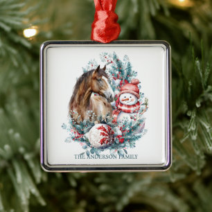 Horse snowman Christmas watercolor elegant Metal Ornament