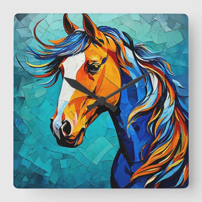 Horse Stained Glass Square Wall Clock (Front)