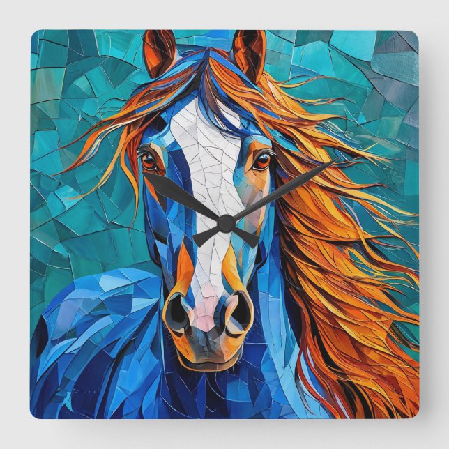 Horse Stained Glass Square Wall Clock (Front)