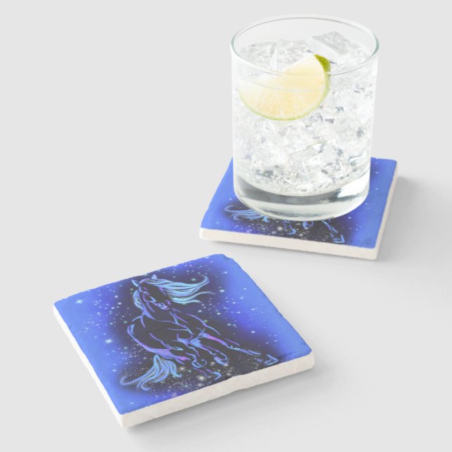 Horse Stone Coaster Blue Moonlight Starry Night (Side)