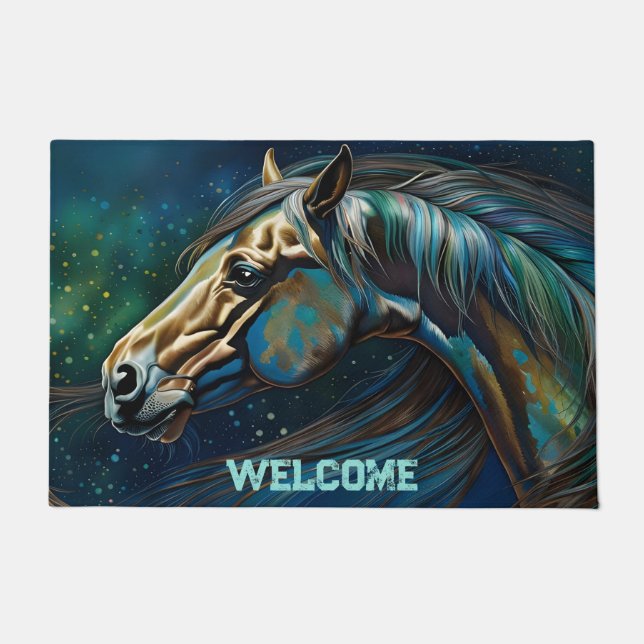 Horse Teal blue green brown Doormat (Front)