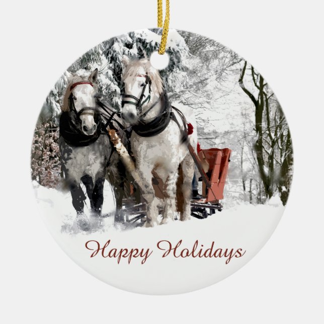 Horse Team Sleigh Ride Through Snowy Woods Ceramic Ornament (Front)
