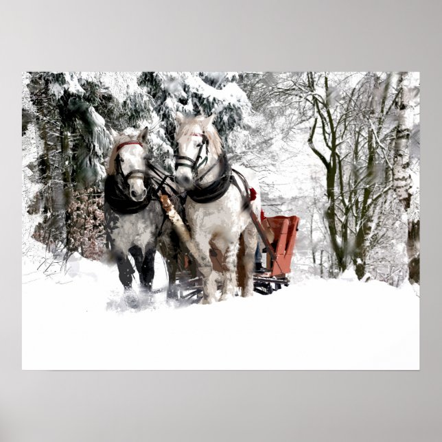 Horse Team Sleigh Ride Through Snowy Woods Poster (Front)