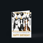 Horse themed birthday party funny elegant card<br><div class="desc">Horse themed birthday party elegant happy birthday greeting card,  three horses in a party hats black and gold theme</div>