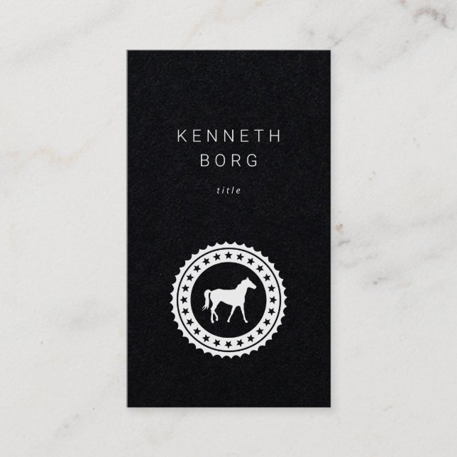 Horse trainer seal logo white on black business card (Front)