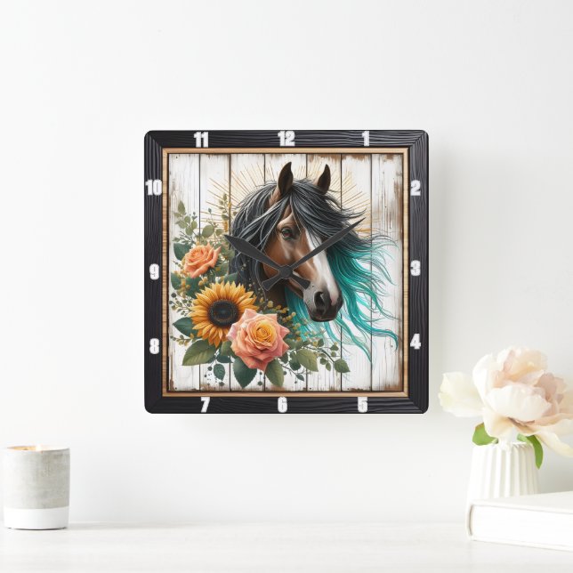 Horse Turquoise Mane Floral  Square Wall Clock (Home)