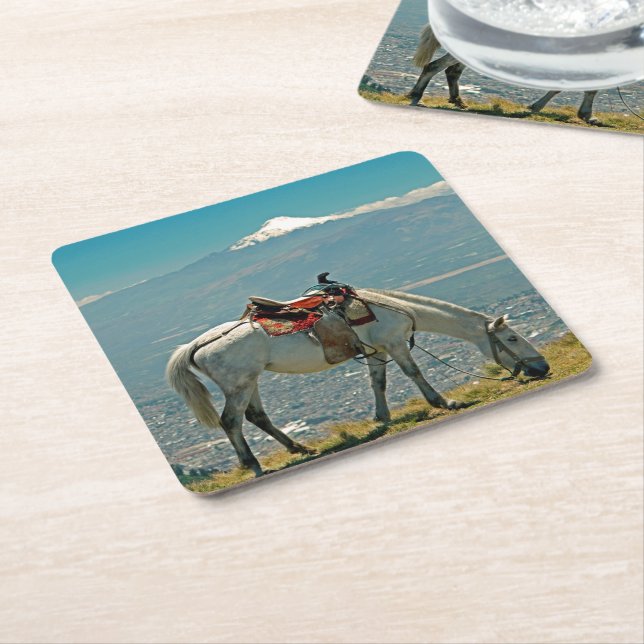 Horse & volcano, Quito, Ecuador Square Paper Coaster (Angled)