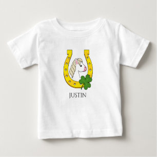 Horse w Golden Horse Shoe, Shamrock   Personalise Baby T-Shirt