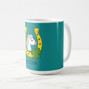 Horse w Golden Horse Shoe, Shamrock   Personalise Coffee Mug
