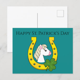 Horse w Golden Horse Shoe, Shamrock Personalise Holiday Postcard