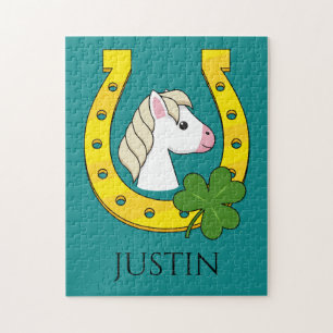 Horse w Golden Horse Shoe, Shamrock   Personalise Jigsaw Puzzle