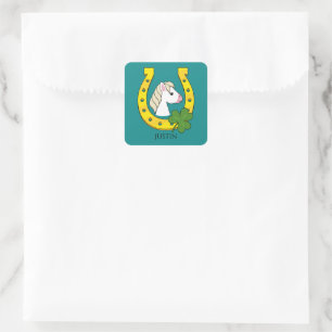 Horse w Golden Horse Shoe, Shamrock   Personalise Square Sticker