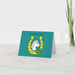 Horse w Golden Horse Shoe, Shamrock   Personalise Thank You Card