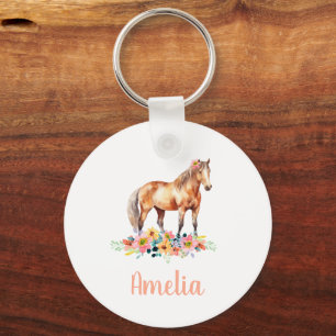 Horse Watercolor Pink Kids Name Pony Key Ring