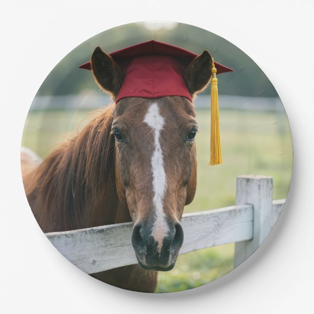 Horse Wearing a Red Graduation Cap Paper Plate (Front)