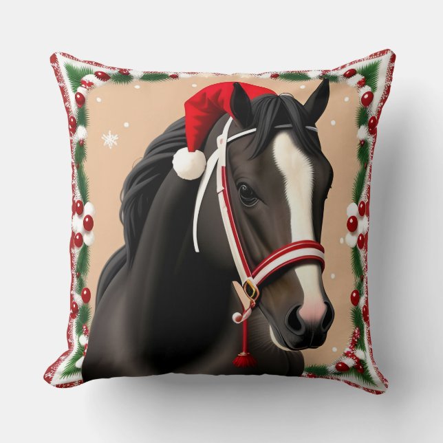 Horse Wearing Festive Santa Hat in Christmas Cushion (Front)