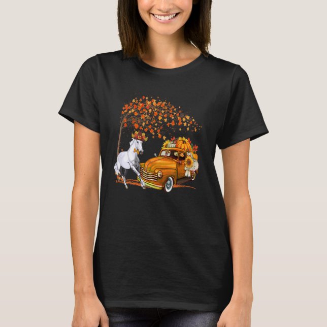 Horse Wearing Hat Fall Tree Pickup Truck Carrying  T-Shirt (Front)