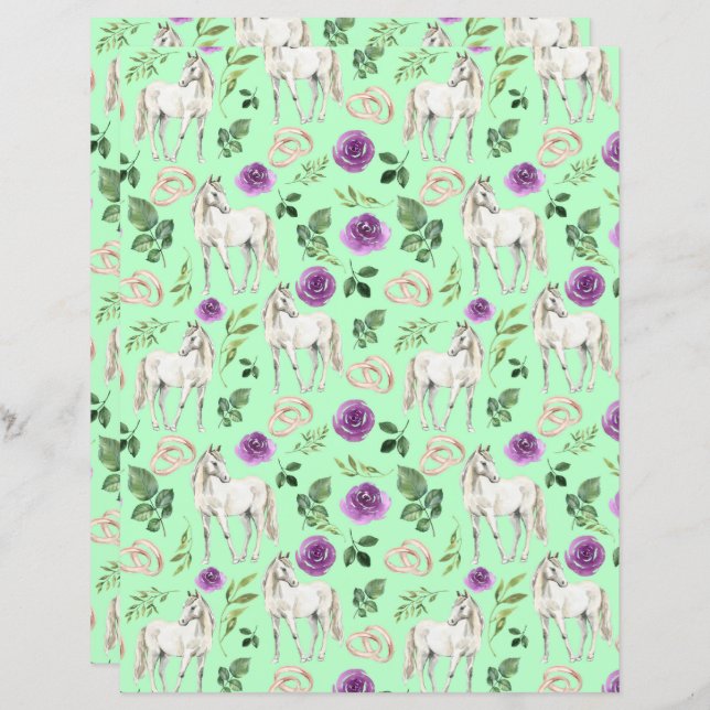 Horse Wedding Scrapbook Paper in Green (Front/Back)
