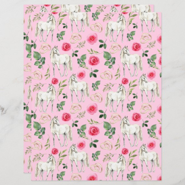 Horse Wedding Scrapbook Paper in Pink (Front/Back)