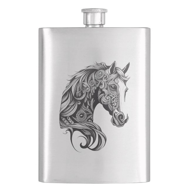 Horse Wild Animal Nature Illustration Art Tattoo Hip Flask (Front)