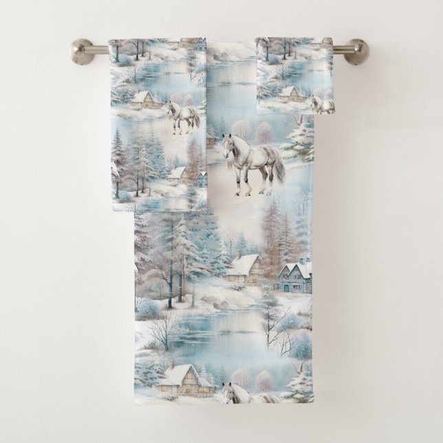 Horse winter pattern snowy forest scenery bath towel set (Insitu)