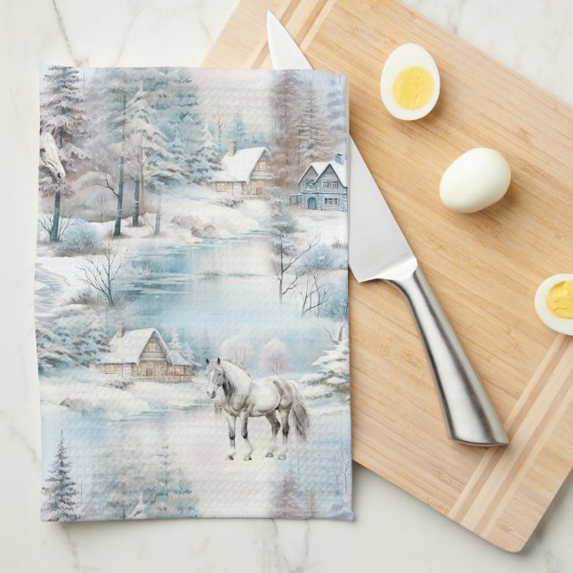Horse winter pattern snowy forest scenery tea towel (Quarter Fold)