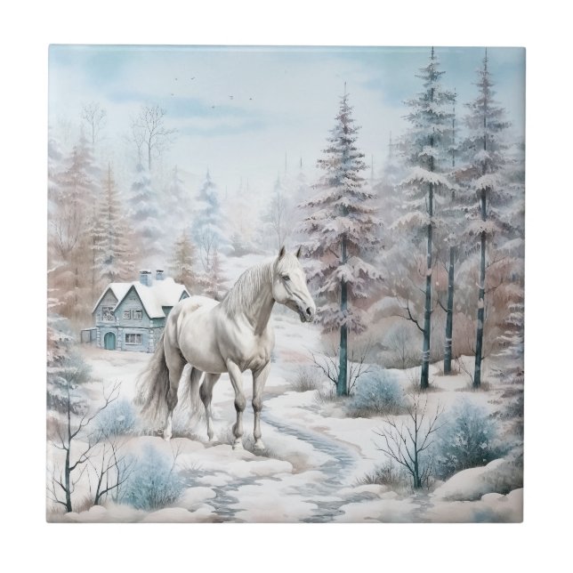 Horse winter scene snow forest Christmas Ceramic Tile (Front)