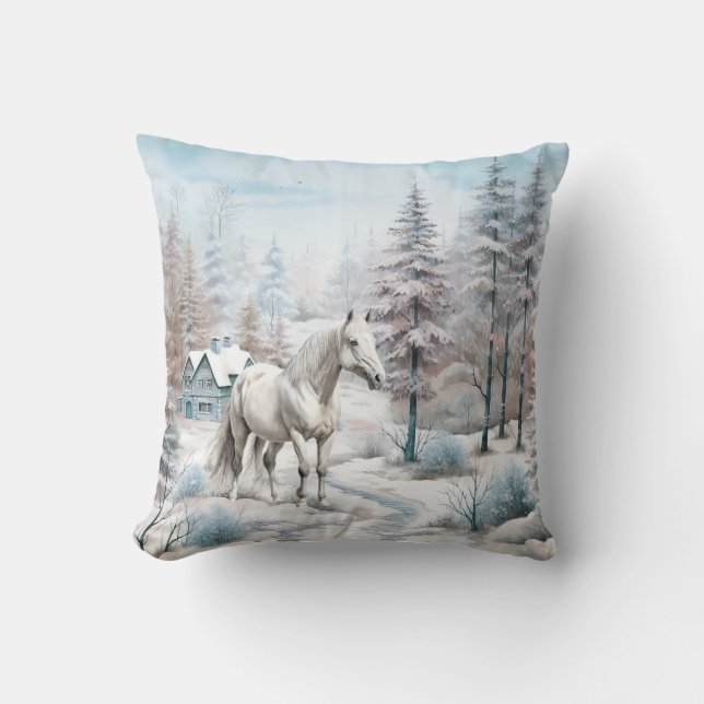 Horse winter scene snow forest Christmas Cushion (Front)