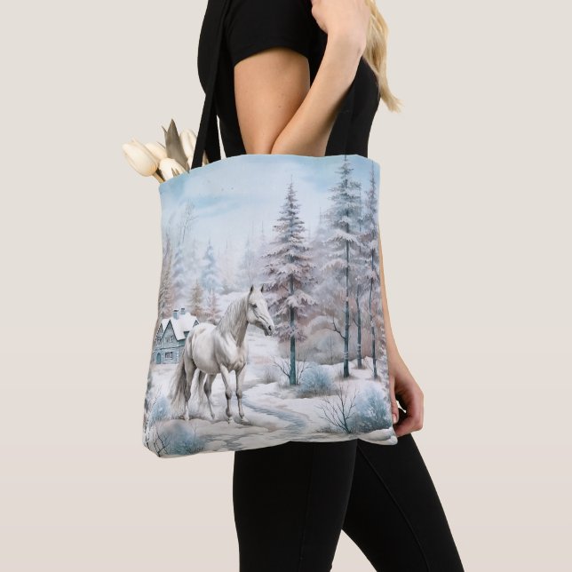 Horse winter scene snow forest Christmas Tote Bag (Close Up)
