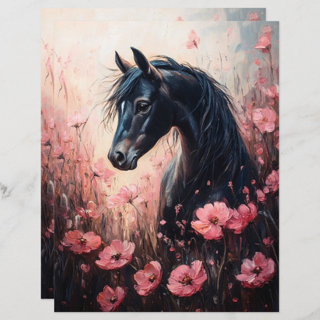 Horse with Blush Pink Wildflowers Scrapbook Paper (Front/Back)