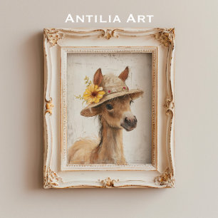 Horse with Floral Hat Rustic Farm Animal Pony Poster