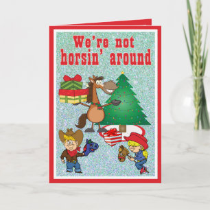 Horse With Gifts and Stick Horse Kids Holiday Card