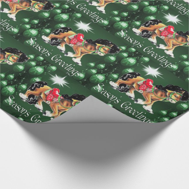 Horse With Green Ornaments  Green Season's Greetin Wrapping Paper (Corner)