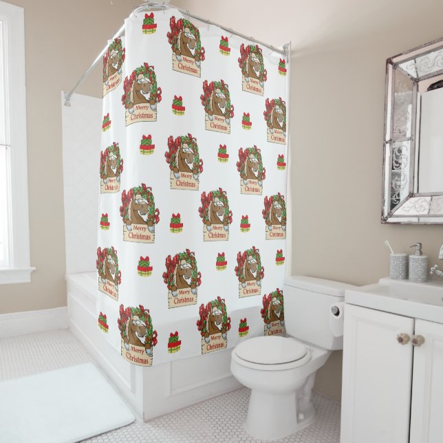 Horse with Holiday Wreath and Merry Christmas Sign Shower Curtain (In Situ)
