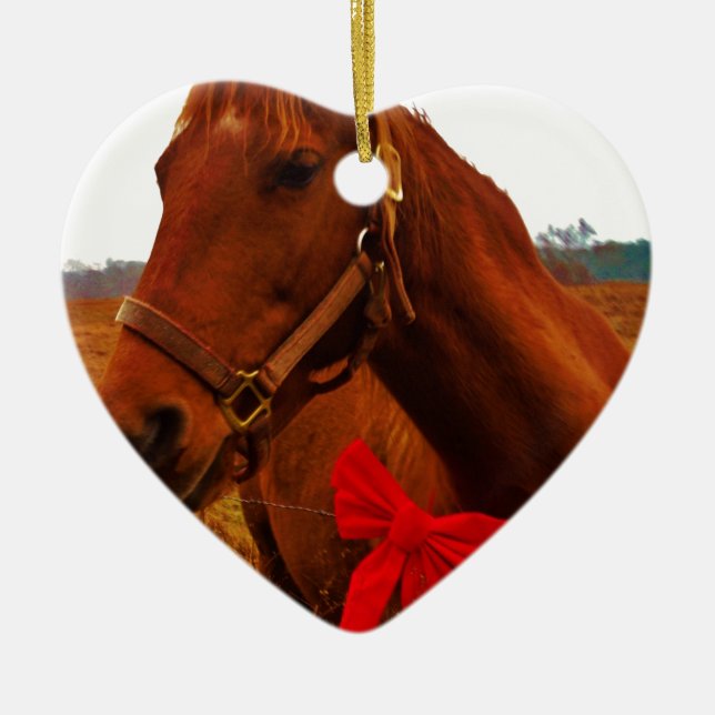 Horse with Red Bow Ceramic Tree Decoration (Front)