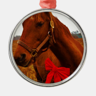 Horse with Red Bow Metal Tree Decoration